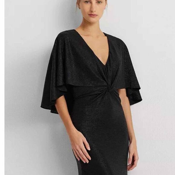 Lauren Ralph Lauren Twist-Front Cape-Overlay Gown Black Size US 6 - Picture 9 of 14